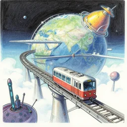 A beautiful illustration of a retro futurism elevated railway on another world by Daniel merriam| sparth:.2 | Time white:.3 | Rodney Mathews:.5 | Graphic Novel, Visual Novel, Colored Pencil, Comic Book:.2