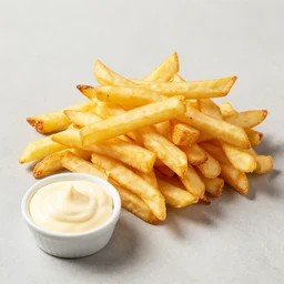 photo of french fries with mayo on the side in the style of maximalism, product photo