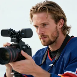 a closeup photorealistic photograph of wayne gretzky surfing and operating a film camera. bright scene. realistic face. fine detail. this 4 k hd image is trending on artstation, featured on behance, well - rendered, extra crisp, features intricate detail, epic composition and the style of unreal engine.