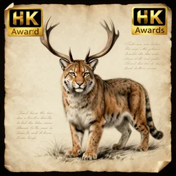professional vintage parchment sketch of a bobcat with antlers, with written descriptions, highly detailed, mythical, hd, 8 k, award - winning, awe - inspiring