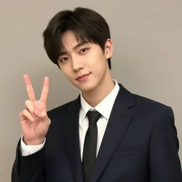 a picture of the most attractive man on the planet wearing a suit, giving a peace sign,
