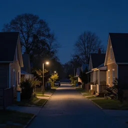 a quaint suburban street at night inspired by simon stalenhag