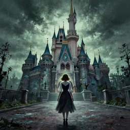 a girl in chernobyl!!! disneyland castle!! silent hill!! wide angle, trending on artstation, art by greg rutkowsky and alphonse mucha