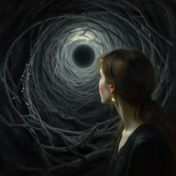 she peers into the abyss, and sees the abyss looking back at her, dramatic lighting, smooth, sharp details, intricate, sad and powerful painting by beksinski and john harris and greg rutkowski