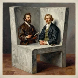 concrete monument chair interior, monumental painting by gerrit van honthorst and hajime sorayama and devis stuart, illusion surreal art, highly conceptual figurative art, intricate detailed oil illustration, controversial poster art, polish poster art 1 9 8 0