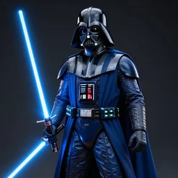 A blue Darth Vader suit holding a blue lightsaber, 4k, dark background, 3d,