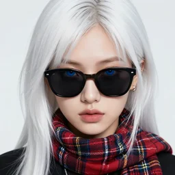 highly detailed portrait of a sewer ( ( punk ) ) lady student, sunglasses, blue eyes, tartan scarf, white hair by atey ghailan, by greg rutkowski, by greg tocchini, by james gilleard, by joe fenton, by kaethe butcher, gradient blue, black, brown and cream color scheme, grunge aesthetic!!! graffiti tag wall background