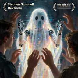 robot ghost, glitch distortion, unbearable anxiety, tension, man just out of frame, by Stephen Gammell and Beksinski and Stalenhag.
