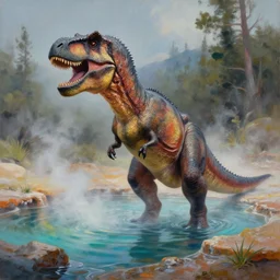 highly detailed oil painting of a tyrannosaurus sitting in a steaming colorful hotspring stream, featured on artstation