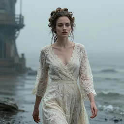 cinestill 5 0 d photography of a dystopian beautiful woman britt marling style of liebovitz, walking with a soft opal lace in the rain in a dystopian sea, hair in baroque style, rainy and foggy scenic dystopian environment, elegant, highly detailed, soft blur, artstation, sharp focus, head in focus, dreamy tonal matt colors