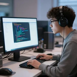 nerd on computer testing how image prompt work 4k