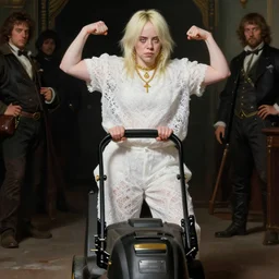 billie eilish, flexing large muscles, pushing a lawnmower, white lace clothing, gold accessories, elegant, highly detailed, digital painting, matte, sharp focus, art by artgerm, greg rutkowski, frank frzetta, boris vallejo, bouguereau, beksinski, cinematic