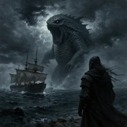 dark concept art of umibozu looking at ships, stoic, windy,, dramatic, epic painting, dark clouds, thunderstom, rain, medieval, dark concept art, dark skies painting by wlop, nixeu and greg rutkowski, beautiful, semirealism, artstation, octane render, oil painting, sharpness, 8 k, golden ratio