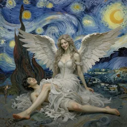 fallen angels by karol bak and ruan jia and vincent van gogh, smiling, moody neutral pastel colors, iris van herpen visionary dreams, symbolism, gothic style, imagination, daydreaming and nightmare, a grand scene in hell