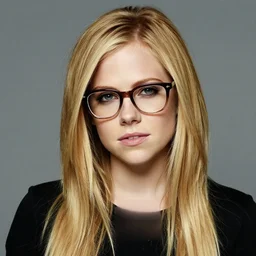 portrait photo of Avril Lavigne with nerdy glasses, 1985