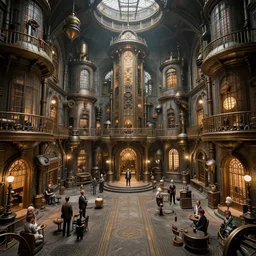 360 photo of steampunk building interior, Les Edwards, Zdzislaw Beksinski, Carl Gustav Carus, John Harris, Michal Karcz, Zhang Kechun, Mikko Lagerstedt, Scott Listfield, Steven Outram, Jessica Rossier.