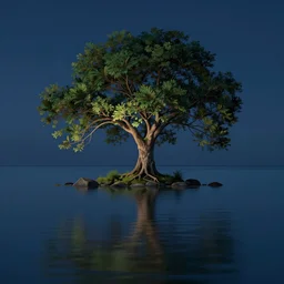 a beautiful landscape painting of a tree on an island in a tranquil sea, reflections, night time, long exposure, hyper detailed, digital art, trending in artstation, cinematic lighting, studio quality, smooth render, unreal engine 5 rendered, octane rendered, art style by kurzgesagt and nixeu and ian sprigger and wlop and krenz cushart