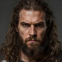 close up portrait of a male barbarian, long curly hair, unkempt beard, brown skin, angry look, high fantasy, highly detailed, smooth, sharp focus, matte painting, by ilya kuvshinov katsuhiro