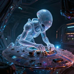 zoom on very dark colorful shining interior of alien futuristic spaceship. translucent alien is repairing saucer, contrast bump, texture displacement, sss, reflections, raytracing, raymarching, subsurface scattering, best of digital art, by arthur haas, by stefan morrell, by alberto seveso