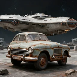 vintage, old, rusty, ussr, soviet car, iz 2 1 2 5!!!, as a realistic scifi spaceship!!!, wide angle shot art by donato giancola and greg rutkowski, vintage retro scifi, realistic space, digital art, trending on artstation, symmetry!!!