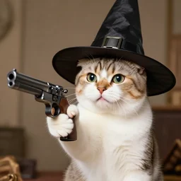 a cat in a wizard hat holding a gun
