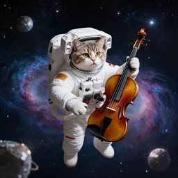 a cat astronaut in space, holding a violin, nebula, floating, stars