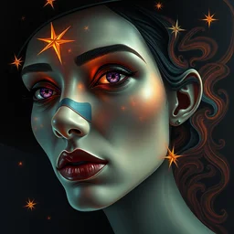 3 d cell shaded portrait painting of witch stars ethereal flames phantom shapes, 3 d cell shaded cubism, in the style of picasso, elegant, highly detailed, artstation, art by picasso 3 d cell shaded octane render unreal engine