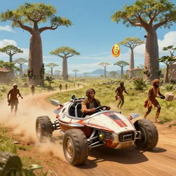 star wars vehicle driving through madagascar with baobabs trees, tribe members chasing for an attach, action scene, an epic fantasy, artgerm and greg rutkowski and alphonse mucha, an epic fantasy, volumetric light, detailed, establishing shot, an epic fantasy, cinematic, photorealistic, ultrarealistic, trending on art station, octane render, midsommar