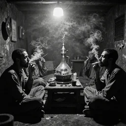 people smoking opium in an opium den, monochrome film, dreamlike,