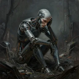 highly detailed subjective painting outlining the apprehension of mankind at the dawn of artificial general intelligence by greg rutkowski, by james paick, by hernando gaswater, 4 k resolution, octane render, dark moody muted color scheme, robotic wire infested hellscape