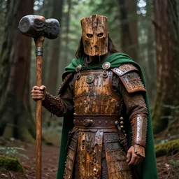 full portrait of a warrior, wearing wooden armor, bark, big wooden club, green cloak, in a redwood forest, highly detailed, matte painting, by midjourney