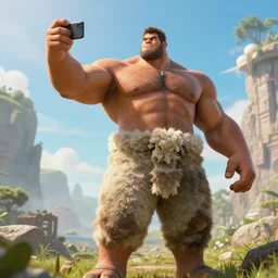 5 meters tall muscular giant man in sheepskin pants takes selfie, high definition movie, photorealistic detail, futuristic production, adventure movie, 8 k