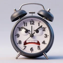 A 3D render of an angry alarm clock