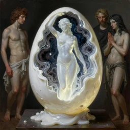 Beautiful full-body wax sculpture of a glowing transparent woman inside egg with melted white wax inside the singularity where stars becoming baroque folds of dark matter by Michelangelo da Caravaggio, Nicola Samori, William Blake, Alex Grey and Beksinski, dramatic volumetric lighting, highly detailed oil painting, 8k, masterpiece