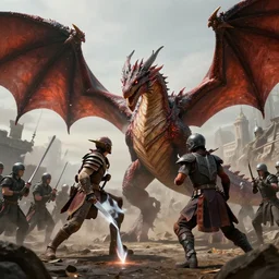 dragon saphira fighting against soldiers photo realistic, detailed