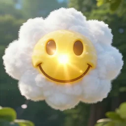 fantastical vibrant smiley face shaped cloud with holes for eyes and mouth, in a nature scene by marc adamus, high definition, sunlight bursting out from within the smiley face, cheerful, bouncing, stunning, unforgettable