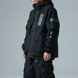 Close upper body shot. Artistically angled streetwear attired subject.  Professional studio streetwear portrait natural color lighting. Wearing fullbody cool badass Technological DIY sci-fi wearables designed by Masamune Shirow.