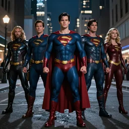 movie superhero team, DC vs Marvel fashion, VFX powers at night in the city, city street, beautiful skin, natural lighting by Emmanuel Lubezki