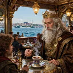 elrond the lord of rivendell having a cup of turkish coffee in a coffee house overlooking the bosphorus strait in istanbul, cinecolor, lumen reflections, detailed and intricate, detailed faces, hypermaximalist, elegant, ornate, fantasy art, by caspar david friedrich, by tolkien