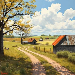photorealistic color ink modern painting of a country life