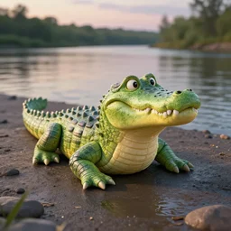 crocodile made of ice cream, 3 d model, unreal engine, highly detailed, on a riverbank, hyperealistic, octane render, concept art, artstation, dusk lighting, realistic shadows