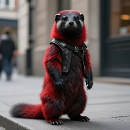 red a furry, stoat | urbanscene photorealism | coalpunk masculine a furry black