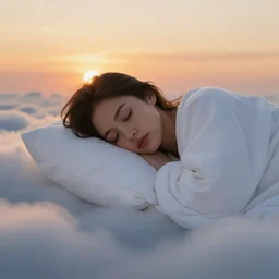 highly detailed portrait of beautiful woman covered in white wet blanket sleeping in the clouds during sunset