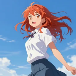 digital art cheerful redhead tomboy, blue sky, sharp contrast, high details, perfect proportions, dynamic art by ilya kuvshinov, murata, makoto shinkai, wlop, craig mullins, kawaci paneling art expert, best selling pixiv, volumetric lighting, realistic shaded lighting, 8 k, highly detailed render