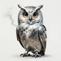 realistic portrait beautiful painting of owl, steel bird, smoking. full body, fine art, trending on artstation, smooth draw, sharp focus, digital art, bright colors, fine draw, perfect lighting, high render, high resolution.