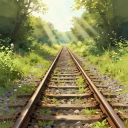 abandoned railway track with vegetation and flowers, painting, digital art, digital illustration, artstation, by aenami alena, sunny, god rays, by barker cicely mary