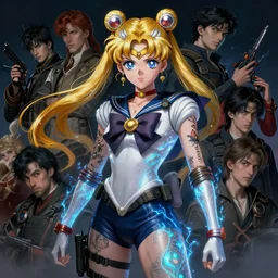 sailormoon with tattoos wearing tactical gear, intricate lights, bio luminescent, plasma, by ruan jia and artgerm and range murata and wlop and ross tran and william - adolphe bouguereau and beeple. key art. fantasy illustration. award winning, artstation, intricate details, realistic, hyperdetailed, 8 k resolution.