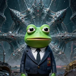 symmetry!! portrait of pepe the frog, plug suit rei ayanami plug suit radially symmetric alien megastructure turbulent bismuth glitchart atmospheric cinematic environmental architectural design john berkey potrait sculpture of gigantic head surround