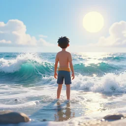 a boy is standing in the ocean, waves crashing, the sun shining bright, digital art, blender, unreal, 4 k, trending on artstation