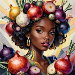 the portrait of an incredibly cute and sophisticated black woman partially made of onions of all colors, an ultrafine detailed illustration by james jean, final fantasy, intricate linework, bright colors, behance contest winner, vanitas, angular, altermodern, unreal engine 5 highly rendered, global illumination, radiant light, detailed and intricate environment